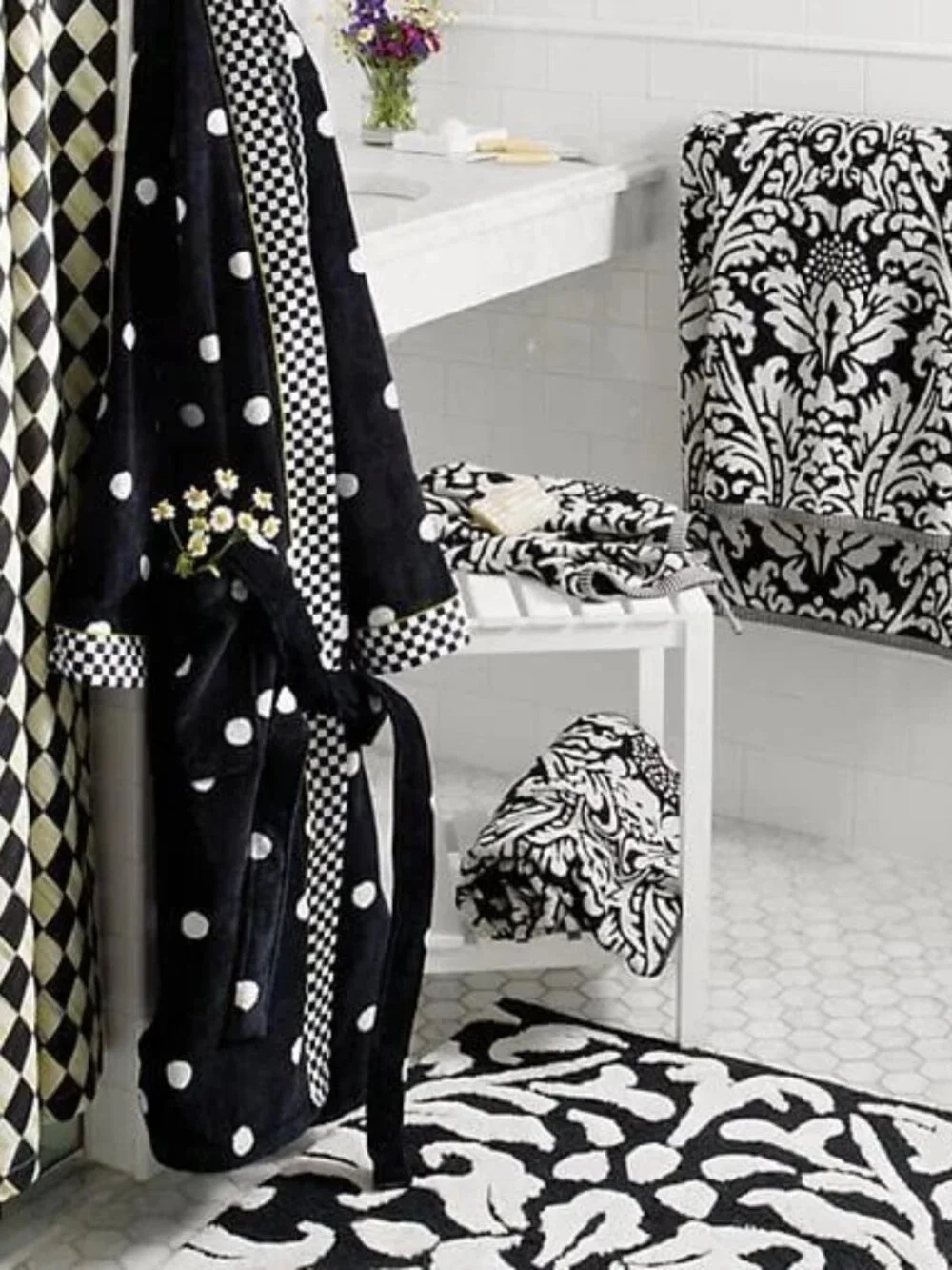 Mint Condition MacKenzie-Childs Black And White Courtly Harlequin Shower Curtain